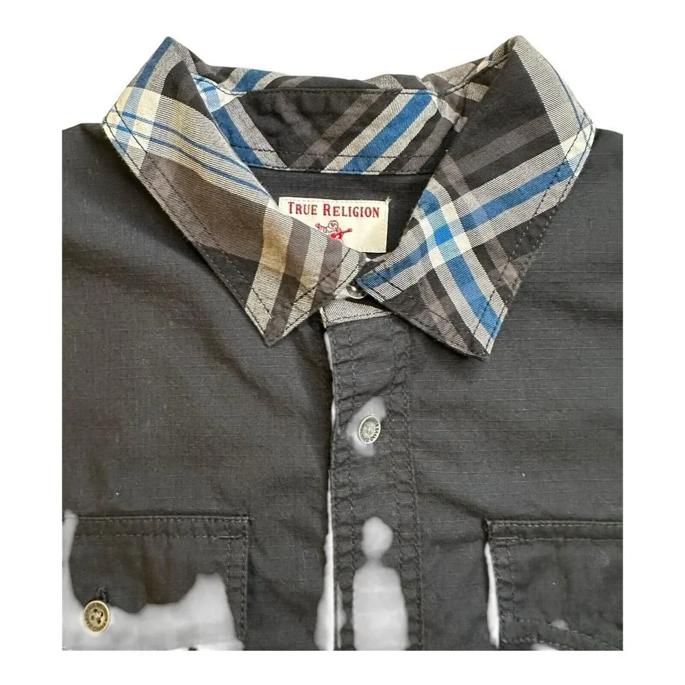 True Religion Shirt Mens‎ Medium Utility Flap Pocket Button Up Plaid Long Sleeve